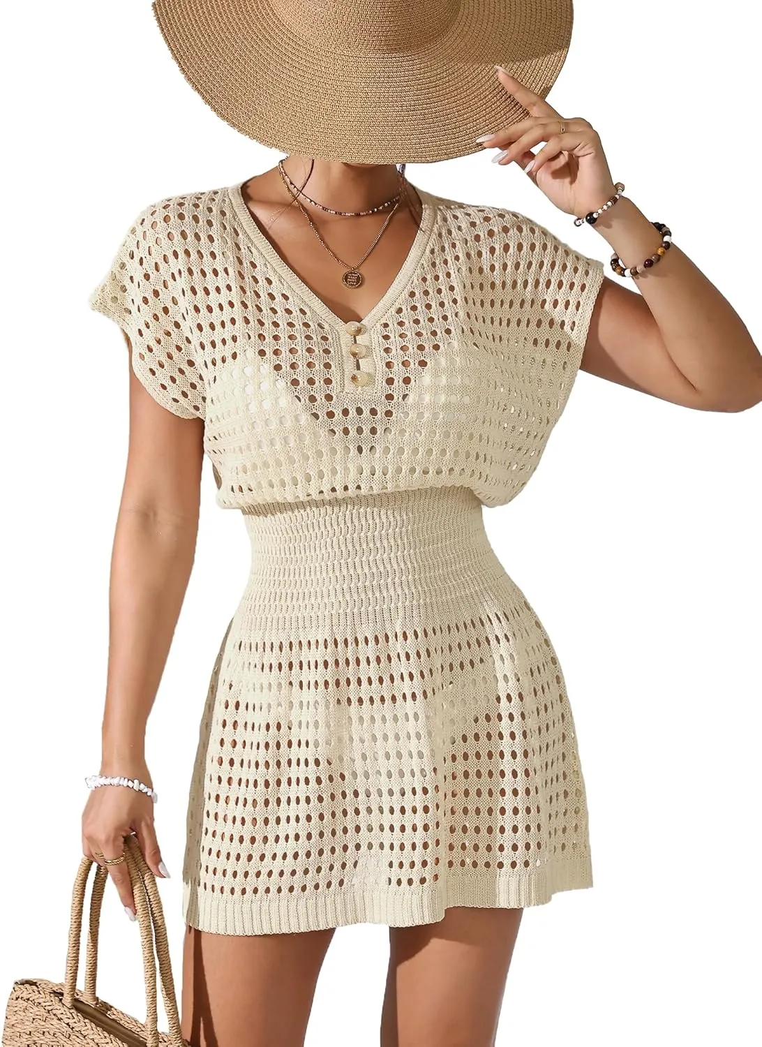 Womens Crochet Knit Cinched Waist Beach Coverup Dress Summer 2025 V Neck Button Cap Sleeve Bathing Suit Cover Up