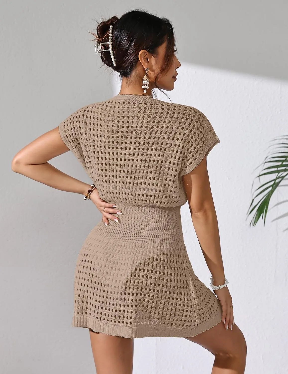 Womens Crochet Knit Cinched Waist Beach Coverup Dress Summer 2025 V Neck Button Cap Sleeve Bathing Suit Cover Up