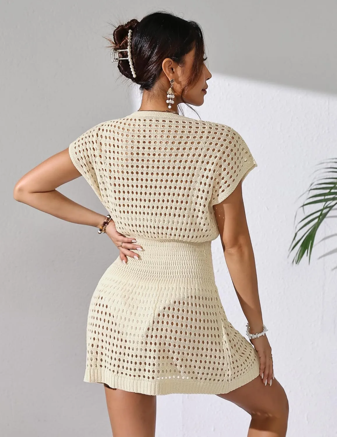 Womens Crochet Knit Cinched Waist Beach Coverup Dress Summer 2025 V Neck Button Cap Sleeve Bathing Suit Cover Up