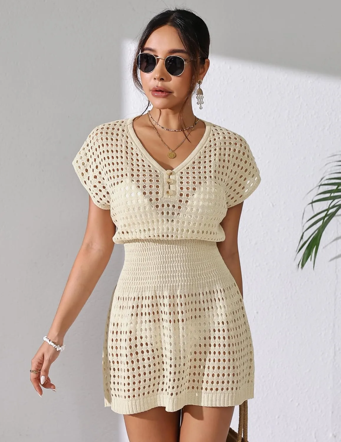 Womens Crochet Knit Cinched Waist Beach Coverup Dress Summer 2025 V Neck Button Cap Sleeve Bathing Suit Cover Up