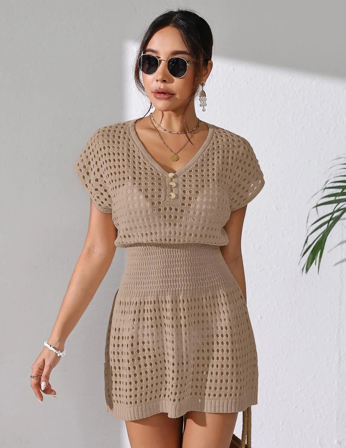 Womens Crochet Knit Cinched Waist Beach Coverup Dress Summer 2025 V Neck Button Cap Sleeve Bathing Suit Cover Up