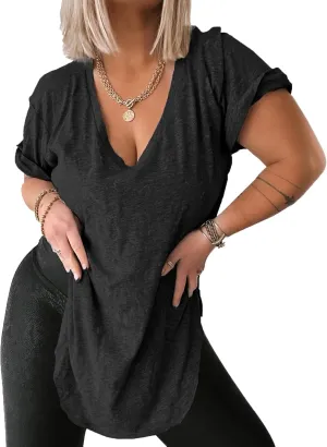 Womens Deep V Neck Tops Summer Short Sleeve Oversized T Shirt Side Slit High Low Tunic Tops