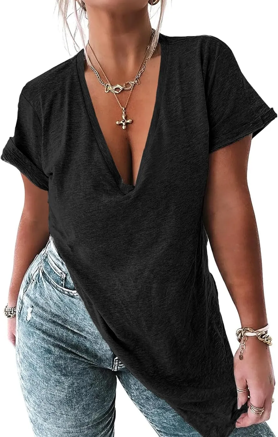 Womens Deep V Neck Tops Summer Short Sleeve Oversized T Shirt Side Slit High Low Tunic Tops