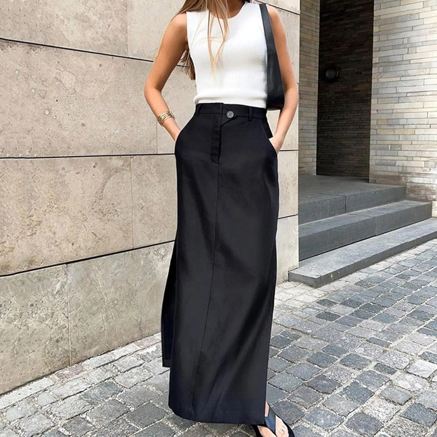 Women's Elastic Waist High Split Wrap Flowy Long Maxi Skirt Elegant Solid Bodycon Midi Skirt High Waist Slit