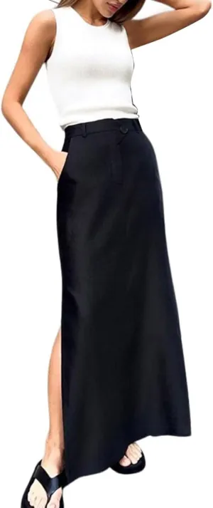 Women's Elastic Waist High Split Wrap Flowy Long Maxi Skirt Elegant Solid Bodycon Midi Skirt High Waist Slit