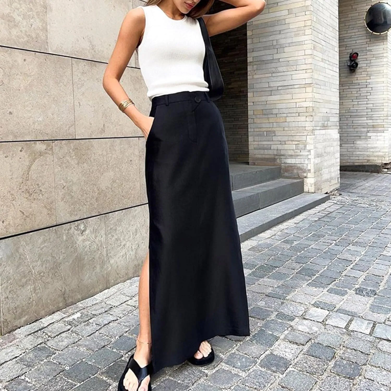 Women's Elastic Waist High Split Wrap Flowy Long Maxi Skirt Elegant Solid Bodycon Midi Skirt High Waist Slit