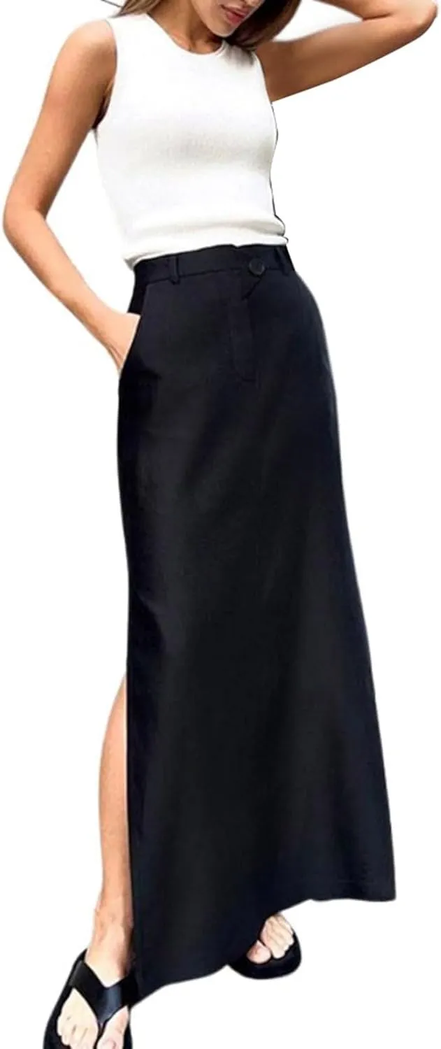 Women's Elastic Waist High Split Wrap Flowy Long Maxi Skirt Elegant Solid Bodycon Midi Skirt High Waist Slit