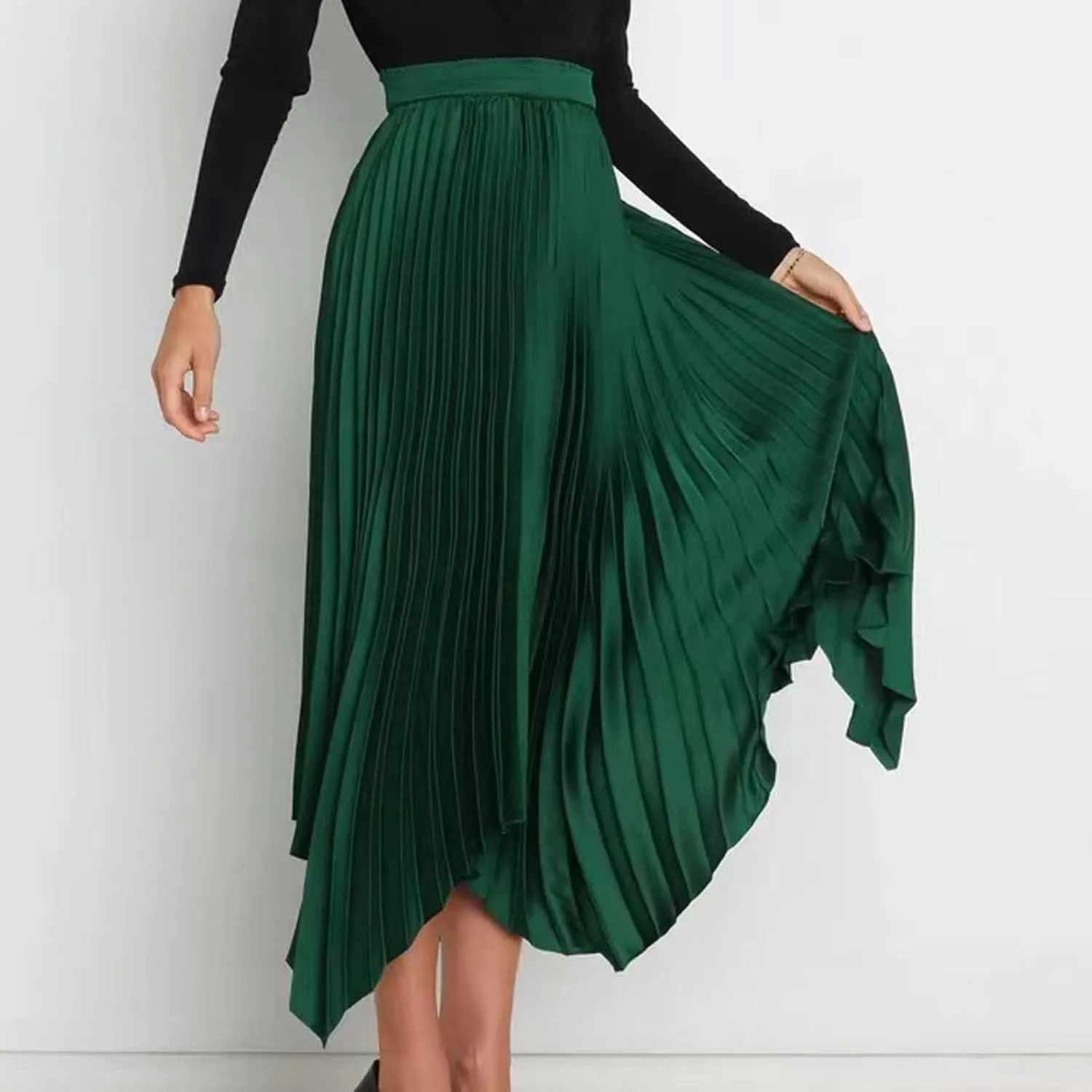 Women's Elegant Skirts High Waisted Pleated A Line Silk Skirts Irregular Flowy Work Skirts Casual Summer Midi Skirts