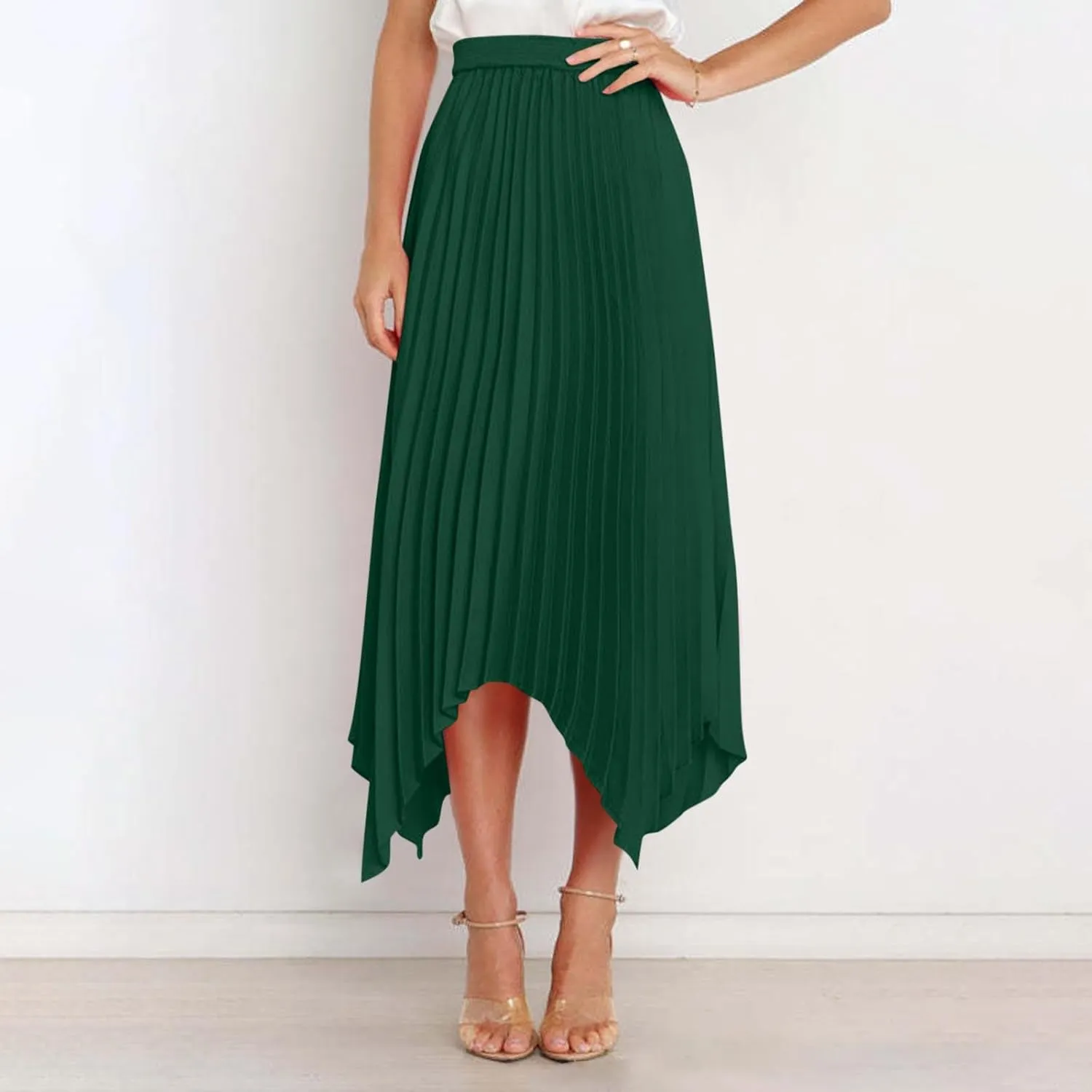 Women's Elegant Skirts High Waisted Pleated A Line Silk Skirts Irregular Flowy Work Skirts Casual Summer Midi Skirts