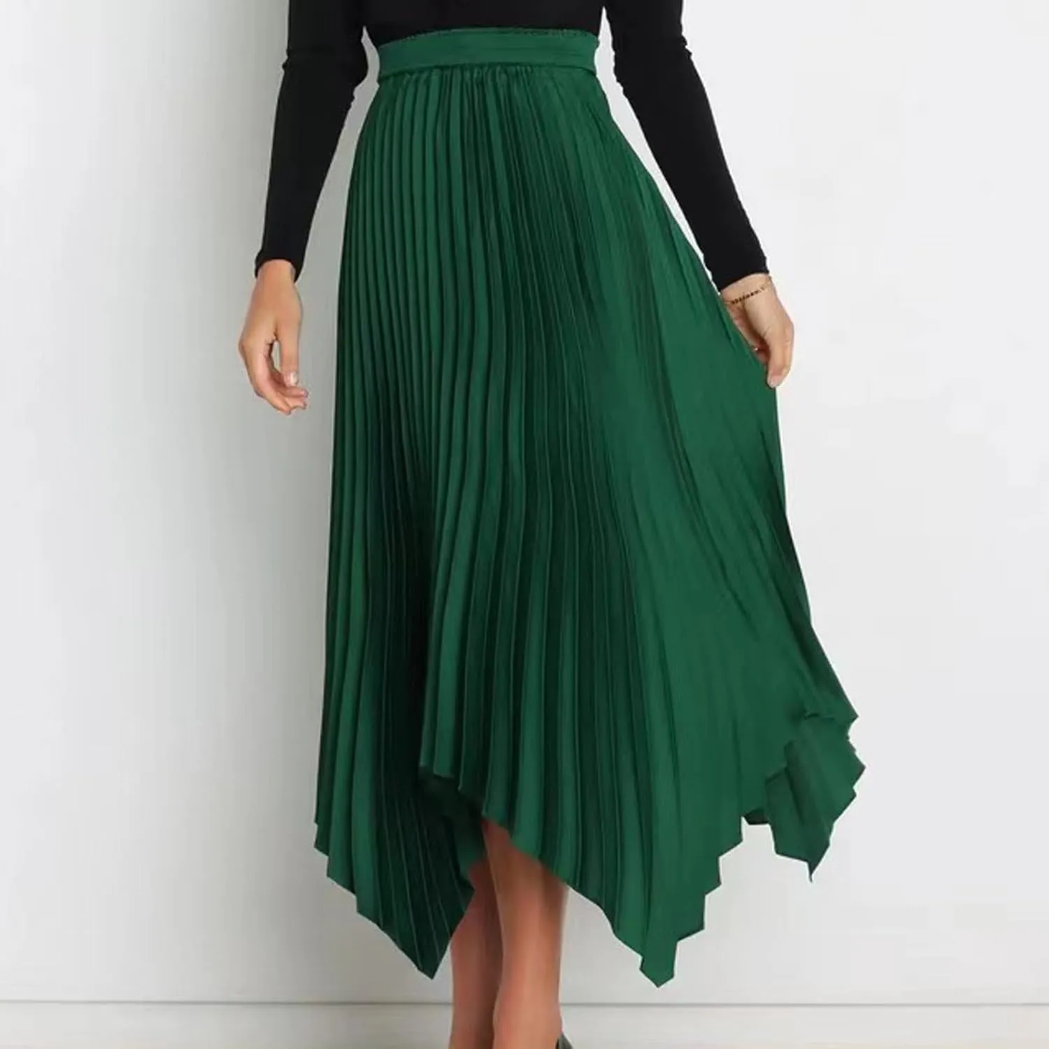 Women's Elegant Skirts High Waisted Pleated A Line Silk Skirts Irregular Flowy Work Skirts Casual Summer Midi Skirts