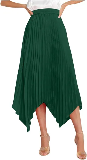 Women's Elegant Skirts High Waisted Pleated A Line Silk Skirts Irregular Flowy Work Skirts Casual Summer Midi Skirts