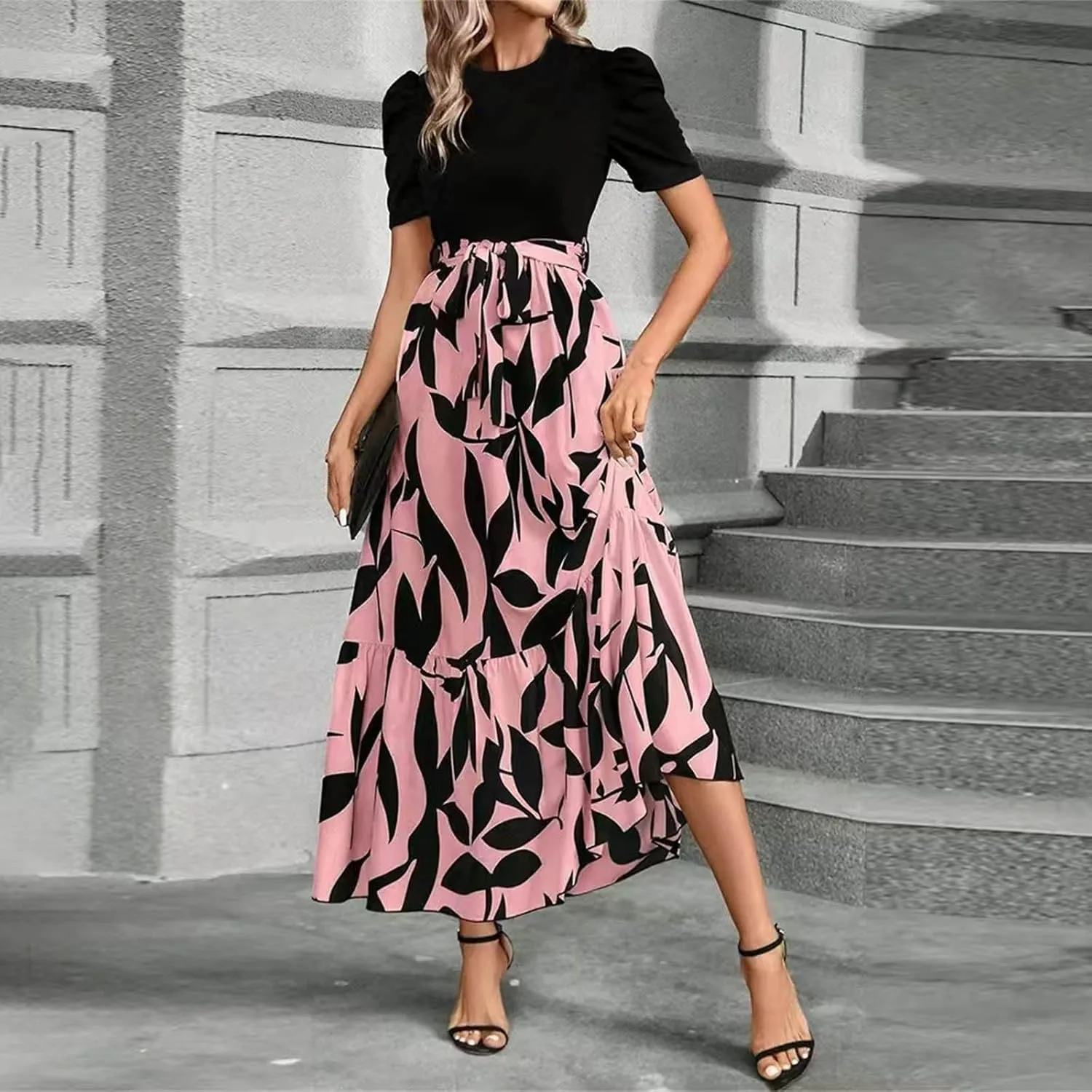 Women's Floral Printed Ruffle Short Sleeve Maxi Dress Casual Long Flowy Dresses 2025 Summer Dresses with Pockets