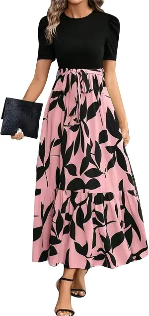 Women's Floral Printed Ruffle Short Sleeve Maxi Dress Casual Long Flowy Dresses 2025 Summer Dresses with Pockets