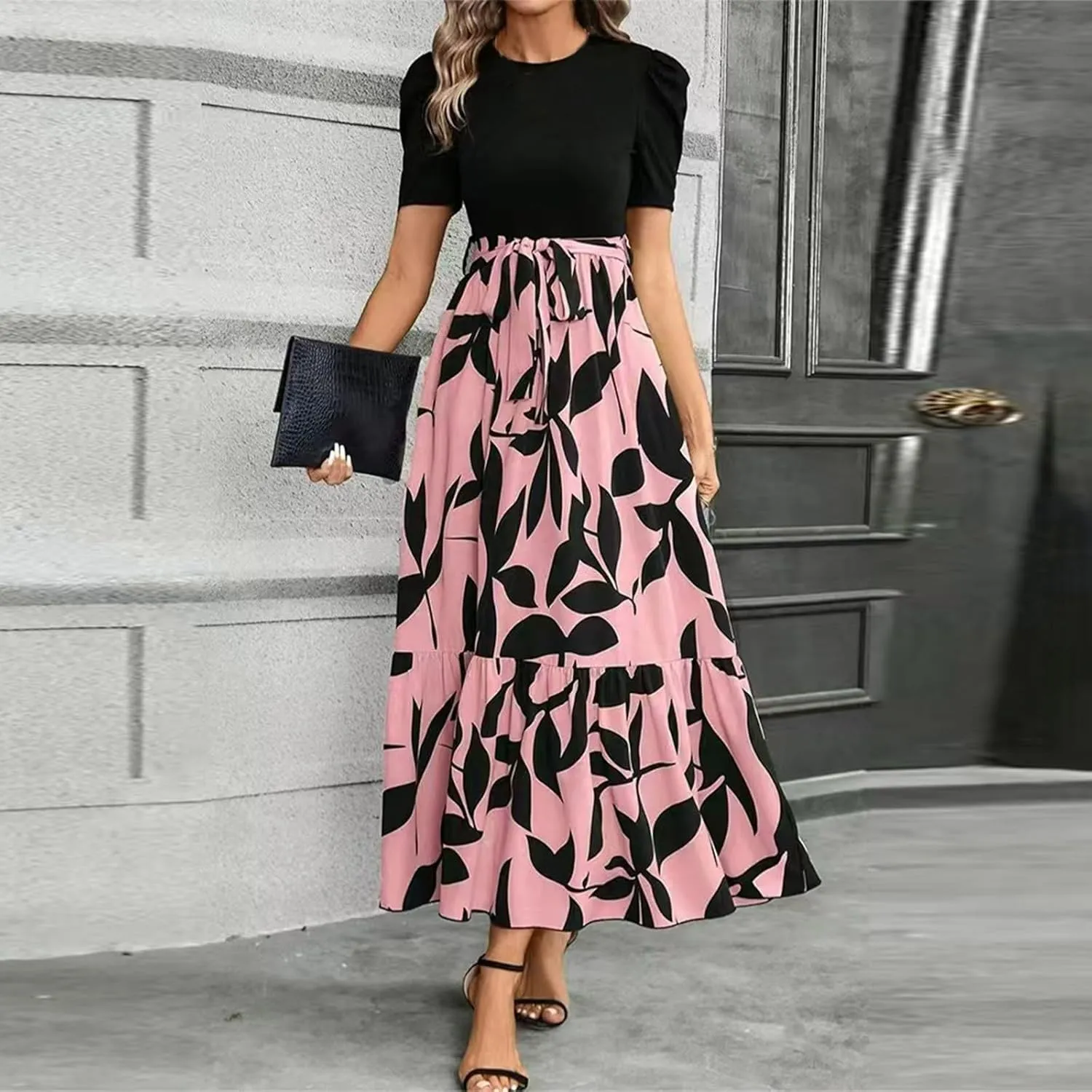 Women's Floral Printed Ruffle Short Sleeve Maxi Dress Casual Long Flowy Dresses 2025 Summer Dresses with Pockets