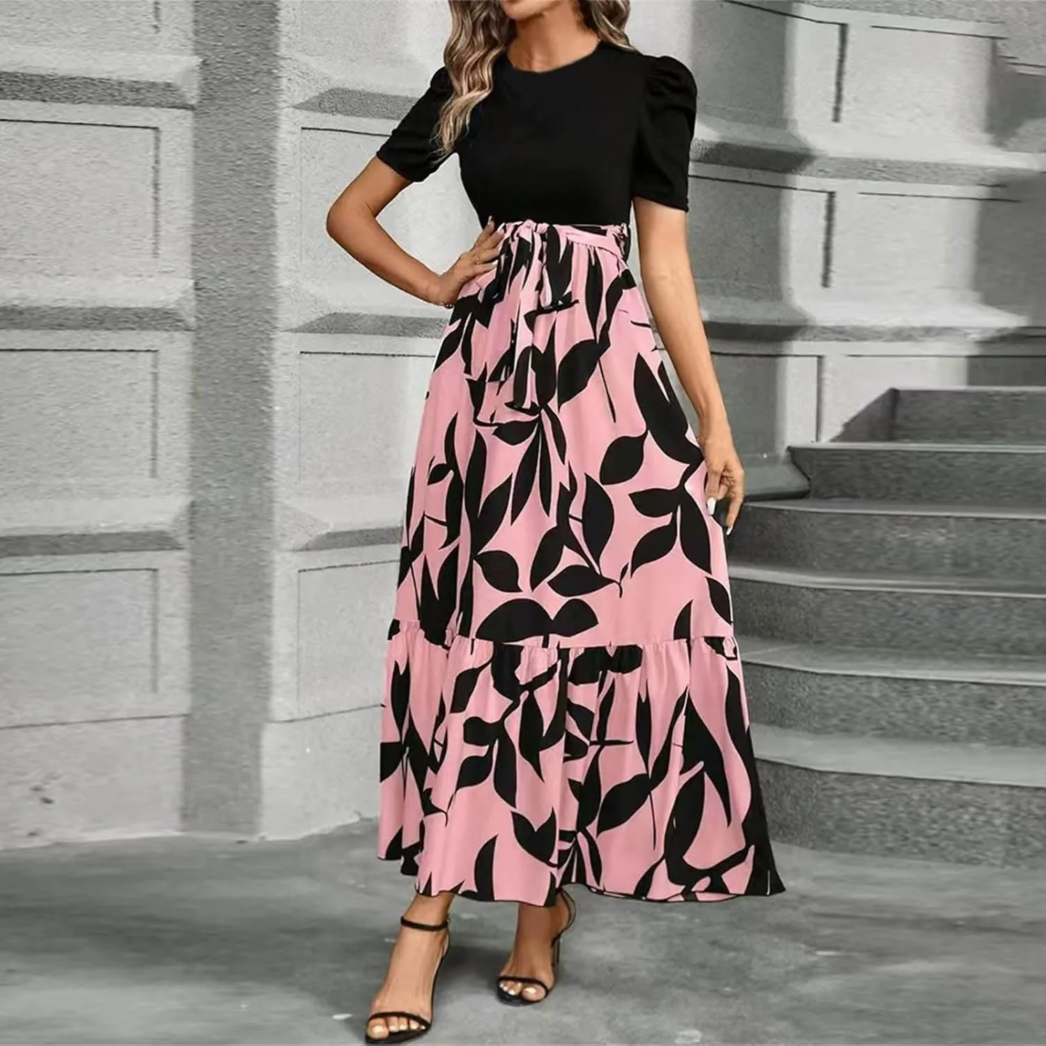 Women's Floral Printed Ruffle Short Sleeve Maxi Dress Casual Long Flowy Dresses 2025 Summer Dresses with Pockets