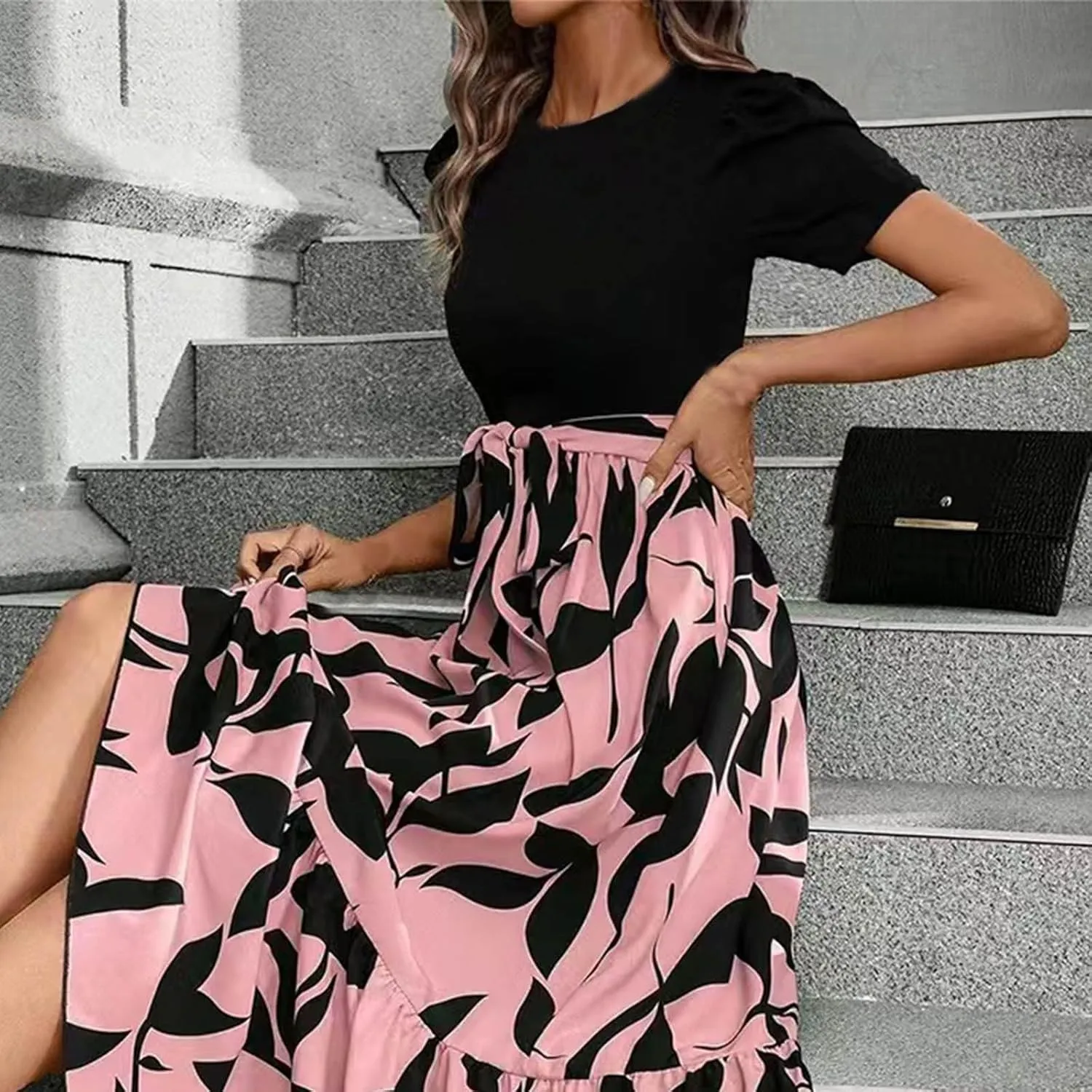 Women's Floral Printed Ruffle Short Sleeve Maxi Dress Casual Long Flowy Dresses 2025 Summer Dresses with Pockets