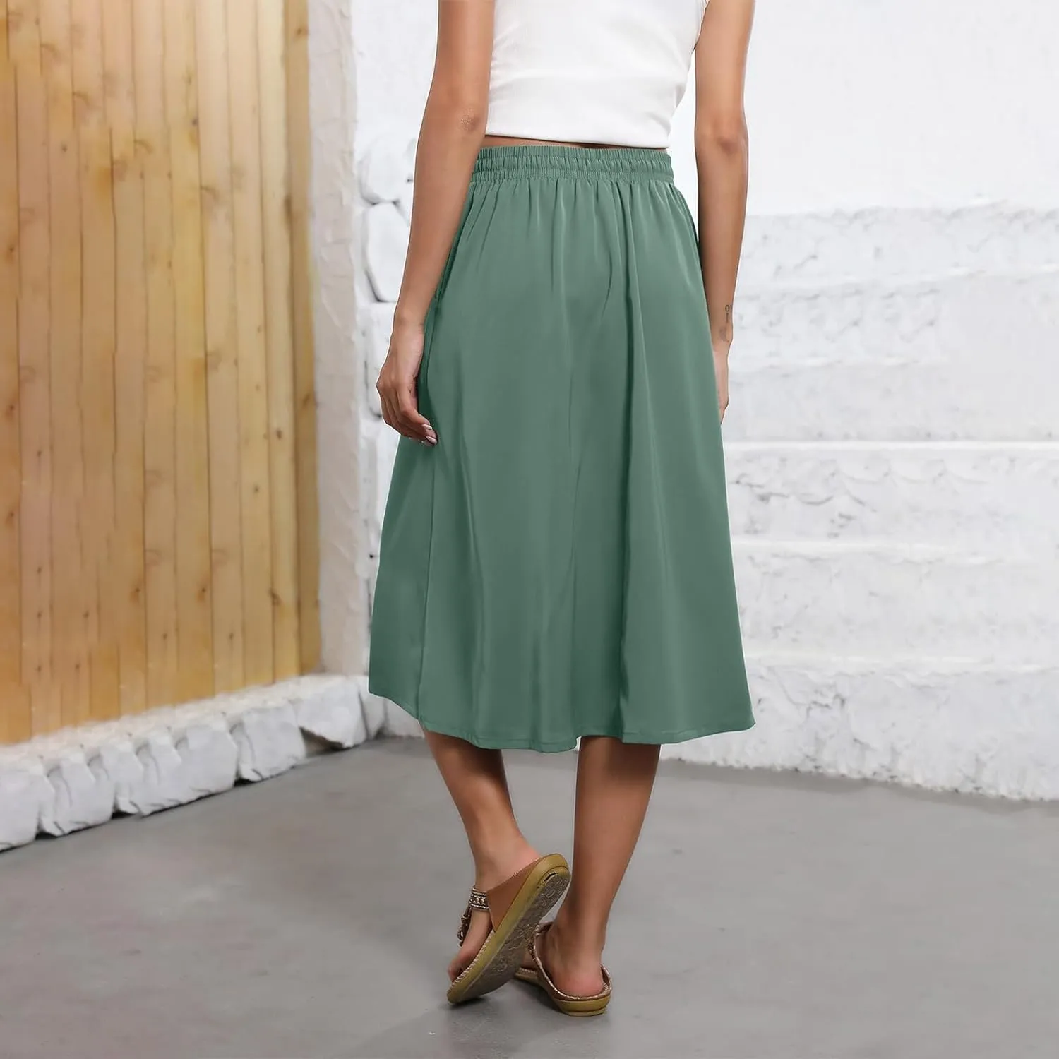 Women's Flowy Midi Skirts Elastic High Waist A-Line Casual Ruffle Skirts Pleated Boho Floral Skirts with Pockets