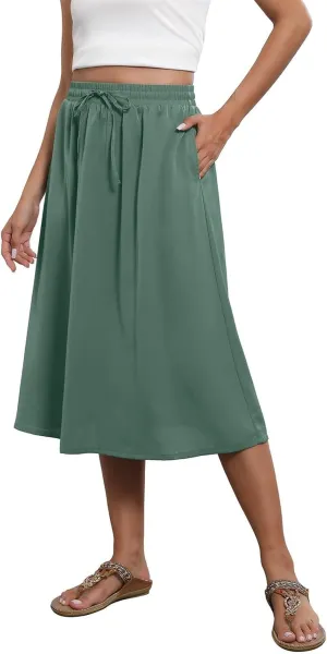 Women's Flowy Midi Skirts Elastic High Waist A-Line Casual Ruffle Skirts Pleated Boho Floral Skirts with Pockets