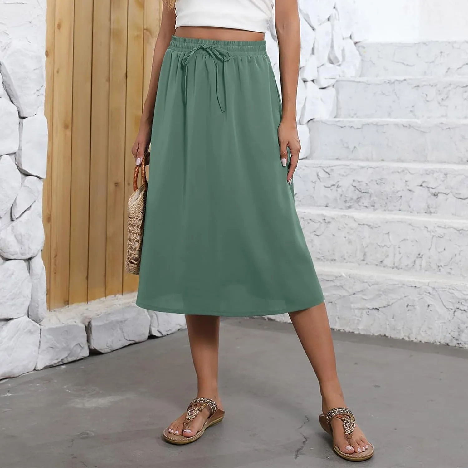 Women's Flowy Midi Skirts Elastic High Waist A-Line Casual Ruffle Skirts Pleated Boho Floral Skirts with Pockets