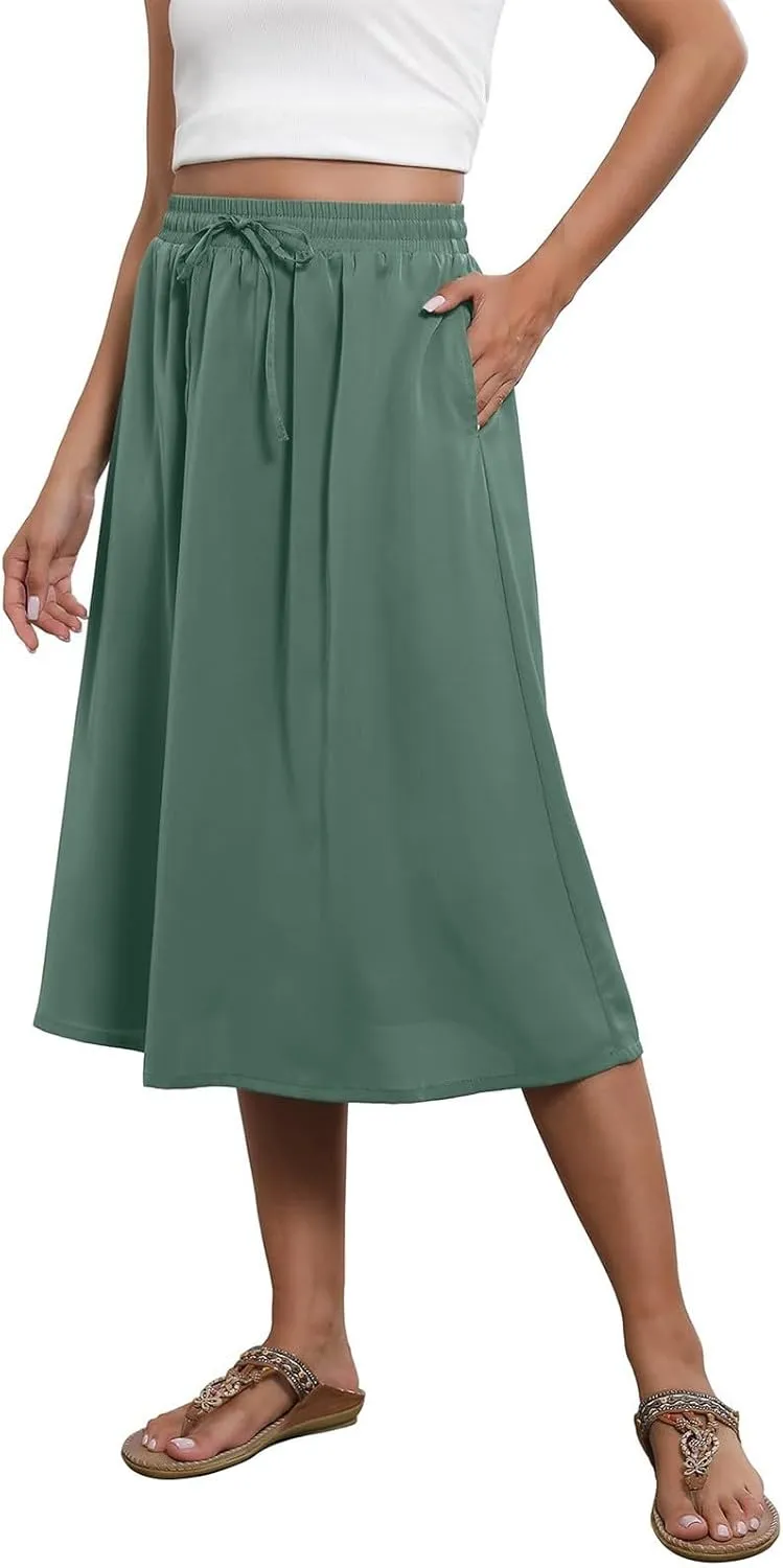 Women's Flowy Midi Skirts Elastic High Waist A-Line Casual Ruffle Skirts Pleated Boho Floral Skirts with Pockets