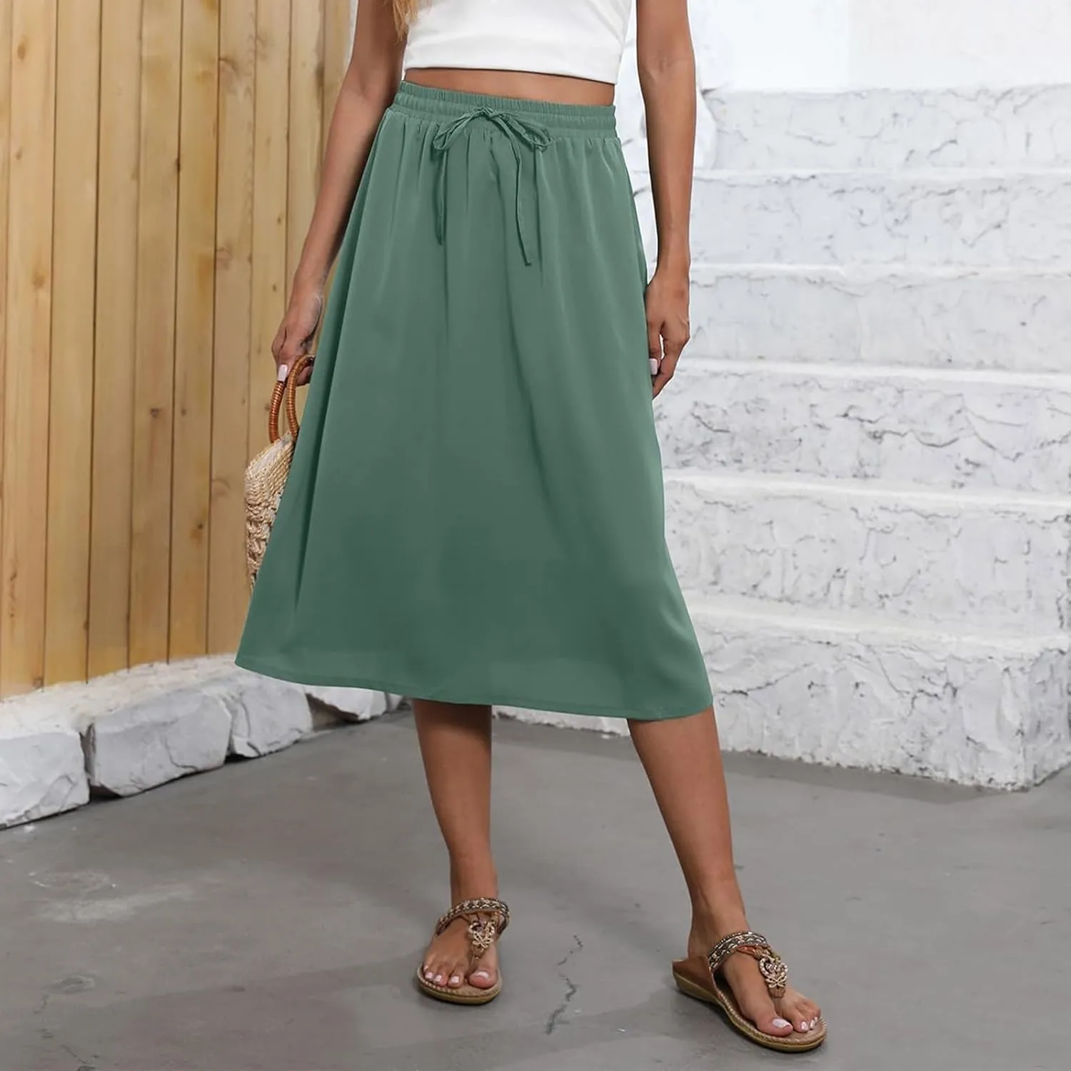 Women's Flowy Midi Skirts Elastic High Waist A-Line Casual Ruffle Skirts Pleated Boho Floral Skirts with Pockets