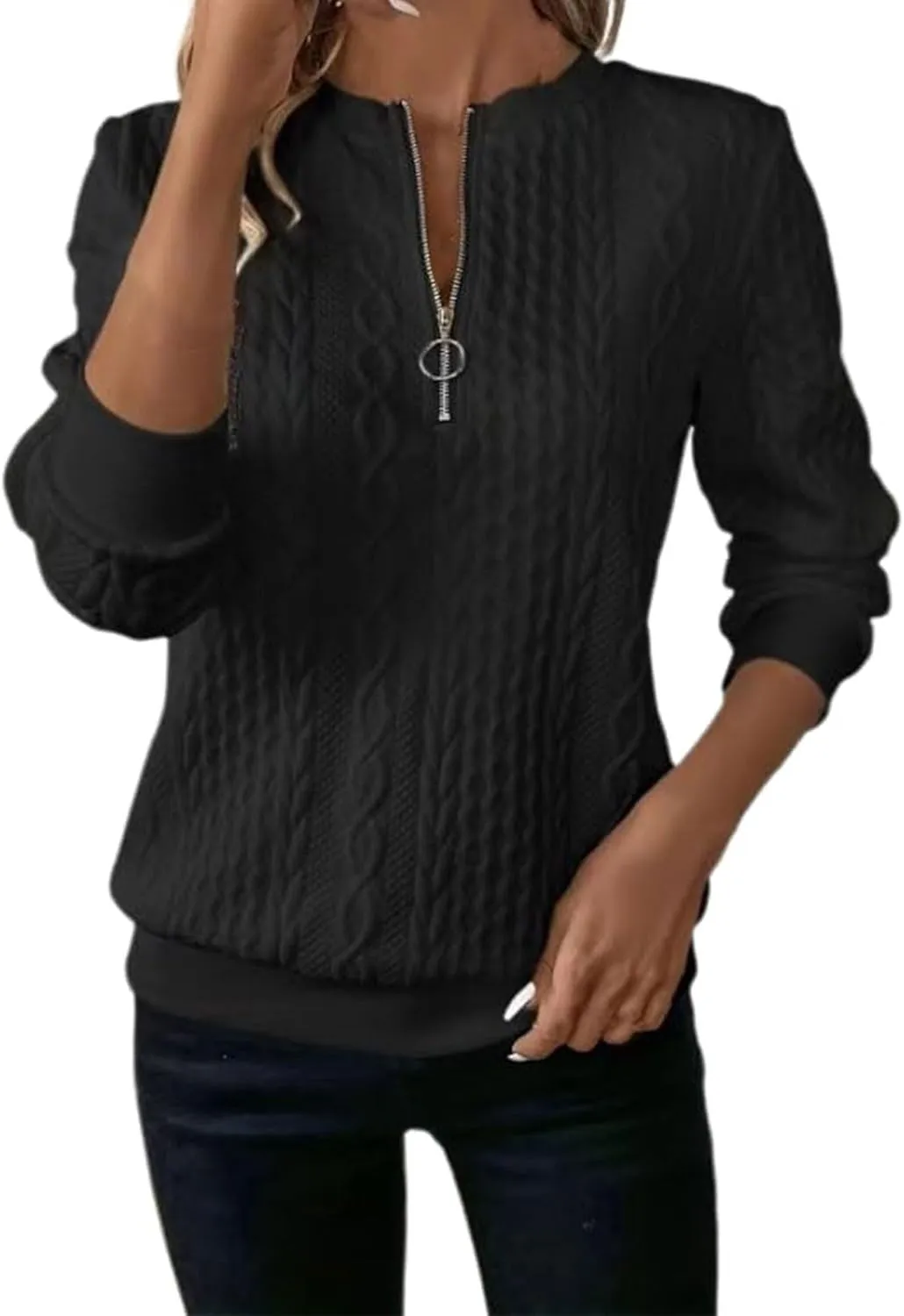 Women's Half Zip Quilted Sweatshirts Crew Neck Long Sleeve Pullover Tops Textured Solid Casual Fashion Spring Tops