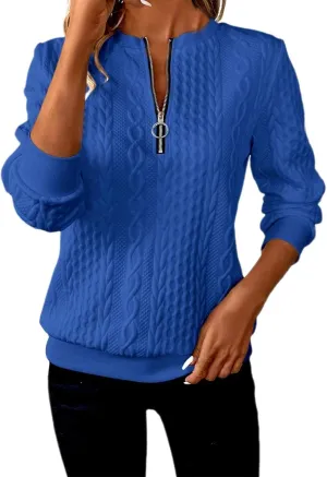 Women's Half Zip Quilted Sweatshirts Crew Neck Long Sleeve Pullover Tops Textured Solid Casual Fashion Spring Tops