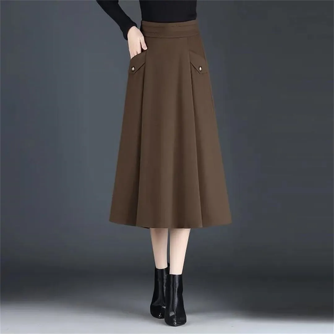 Women's High Waisted A-Line Skirt Pleated Midi Skirt Office Pockets Skirt