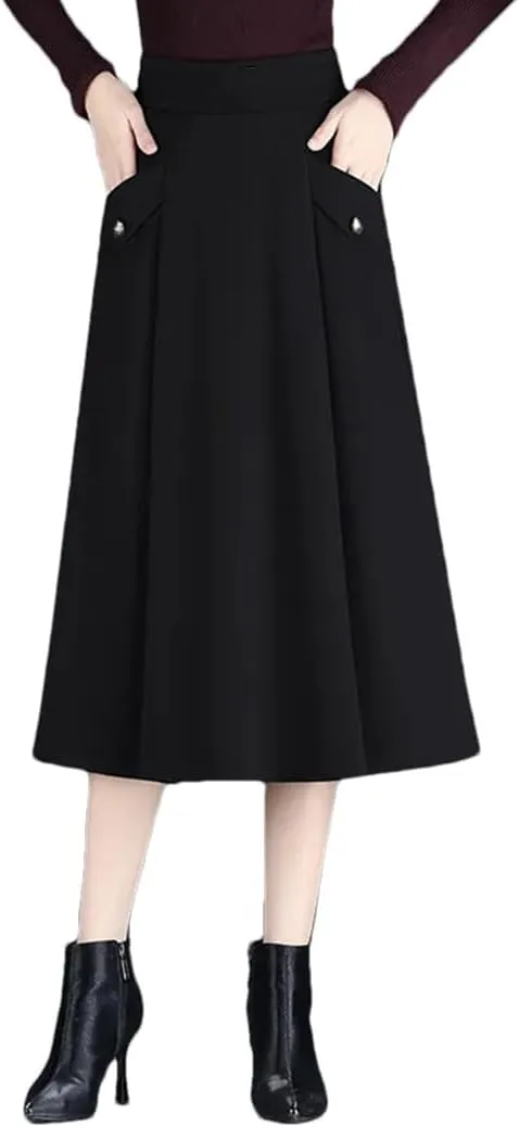 Women's High Waisted A-Line Skirt Pleated Midi Skirt Office Pockets Skirt