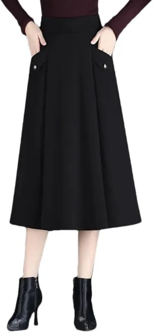 Women's High Waisted A-Line Skirt Pleated Midi Skirt Office Pockets Skirt