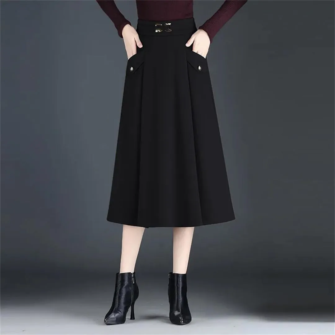 Women's High Waisted A-Line Skirt Pleated Midi Skirt Office Pockets Skirt