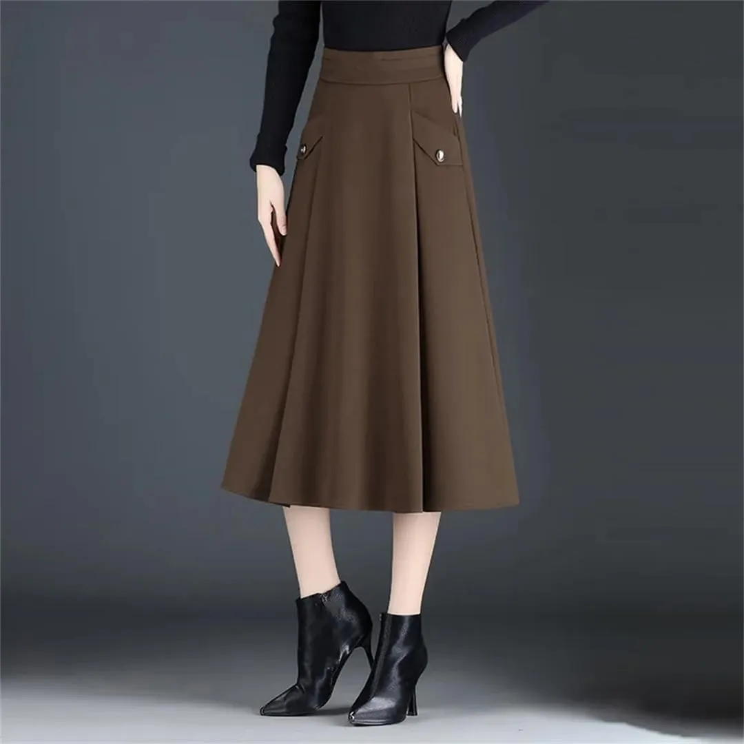 Women's High Waisted A-Line Skirt Pleated Midi Skirt Office Pockets Skirt