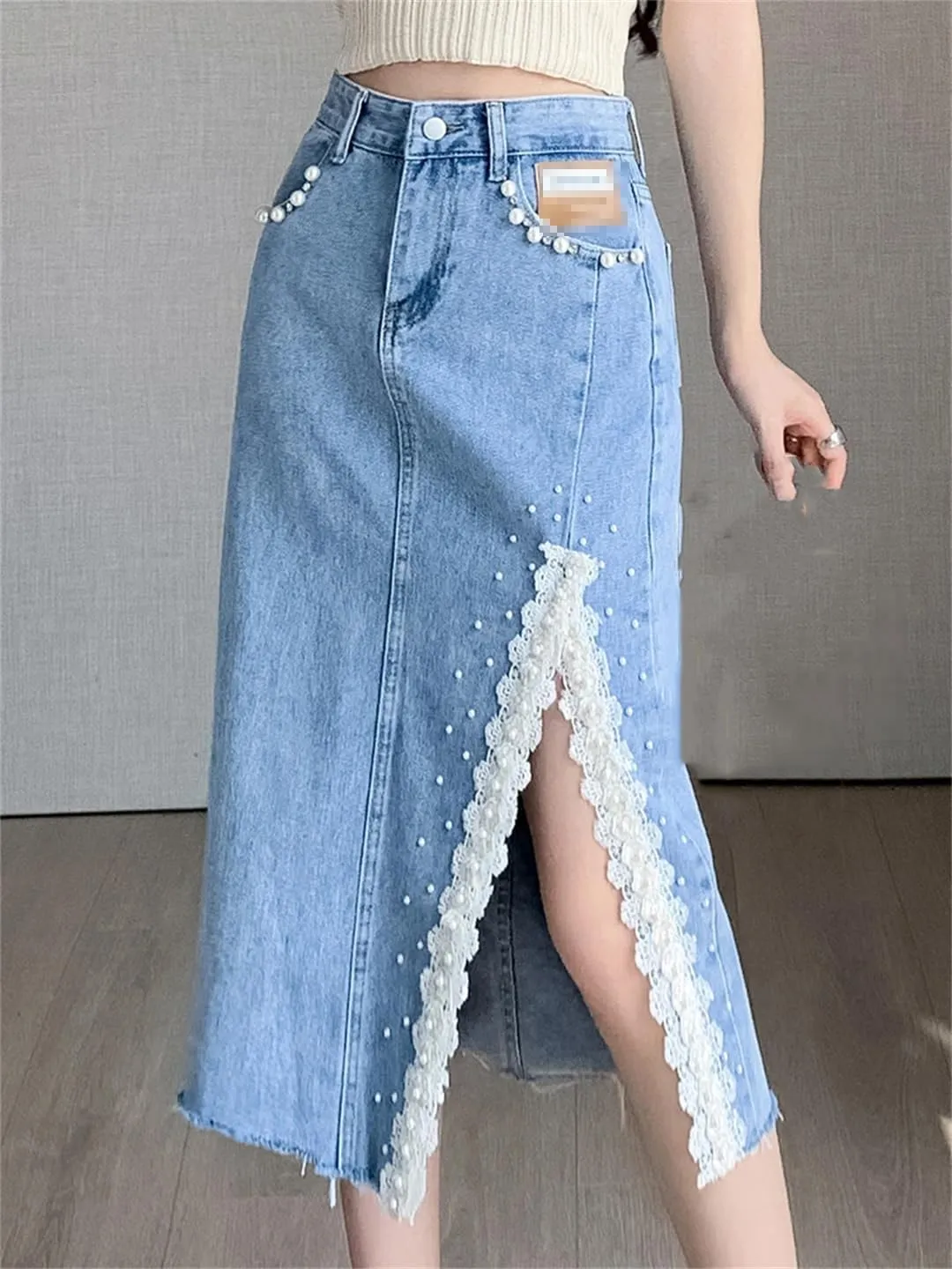 Women's High Waisted Beaded Denim Skirt Lace Crochet 4-Pocket Jeans Midi Skirt Frayed Hem Work Dress