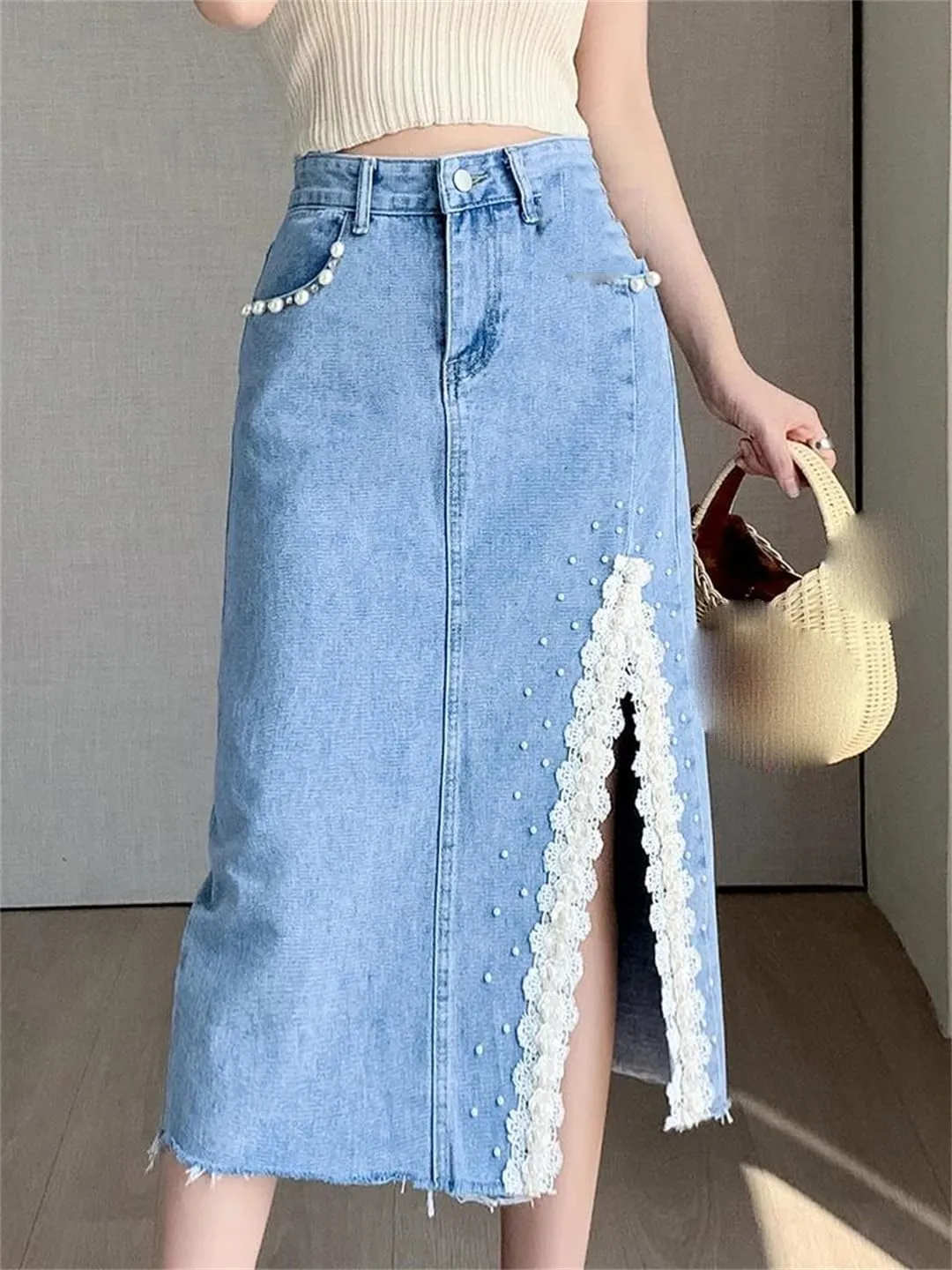 Women's High Waisted Beaded Denim Skirt Lace Crochet 4-Pocket Jeans Midi Skirt Frayed Hem Work Dress
