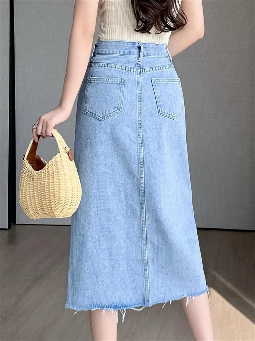 Women's High Waisted Beaded Denim Skirt Lace Crochet 4-Pocket Jeans Midi Skirt Frayed Hem Work Dress