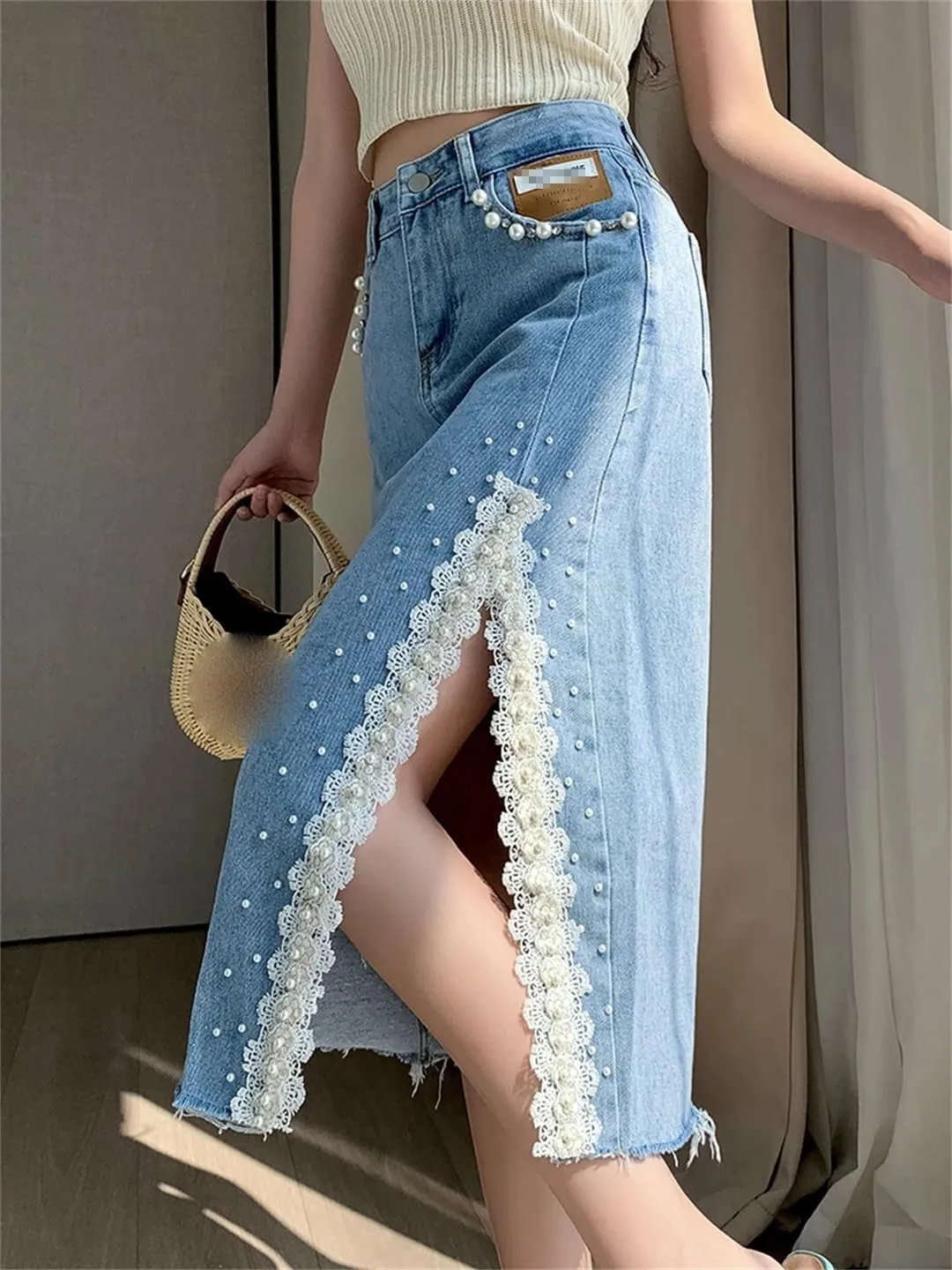 Women's High Waisted Beaded Denim Skirt Lace Crochet 4-Pocket Jeans Midi Skirt Frayed Hem Work Dress