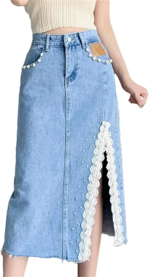 Women's High Waisted Beaded Denim Skirt Lace Crochet 4-Pocket Jeans Midi Skirt Frayed Hem Work Dress