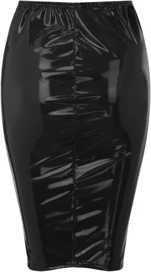 Women's High Waisted Faux Leather Mini Pencil Skirt Elastic Tight Zipper Split Hem Short PU Leather Sequin Midi