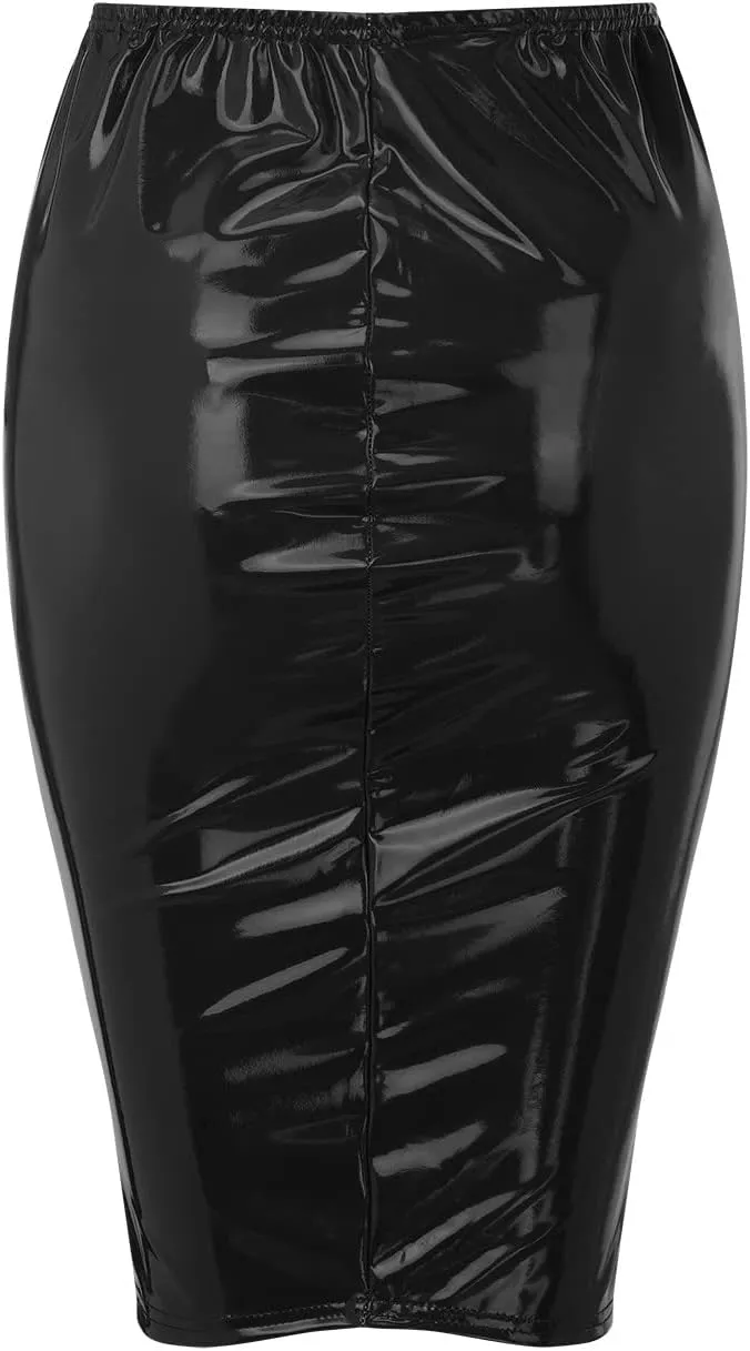 Women's High Waisted Faux Leather Mini Pencil Skirt Elastic Tight Zipper Split Hem Short PU Leather Sequin Midi
