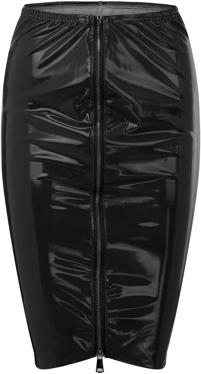 Women's High Waisted Faux Leather Mini Pencil Skirt Elastic Tight Zipper Split Hem Short PU Leather Sequin Midi