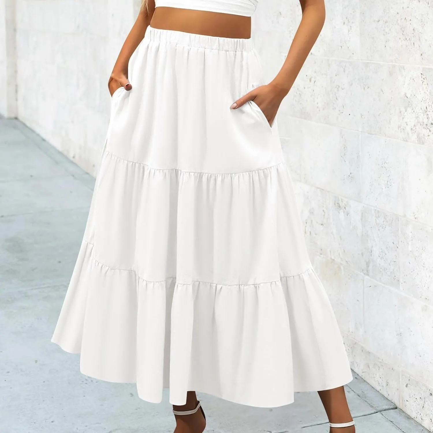 Women's High Waisted Skirts Casual Stretchy Elastic Waist Flowy Skirt Pleated Trendy Comfortable Skorts with Pockets