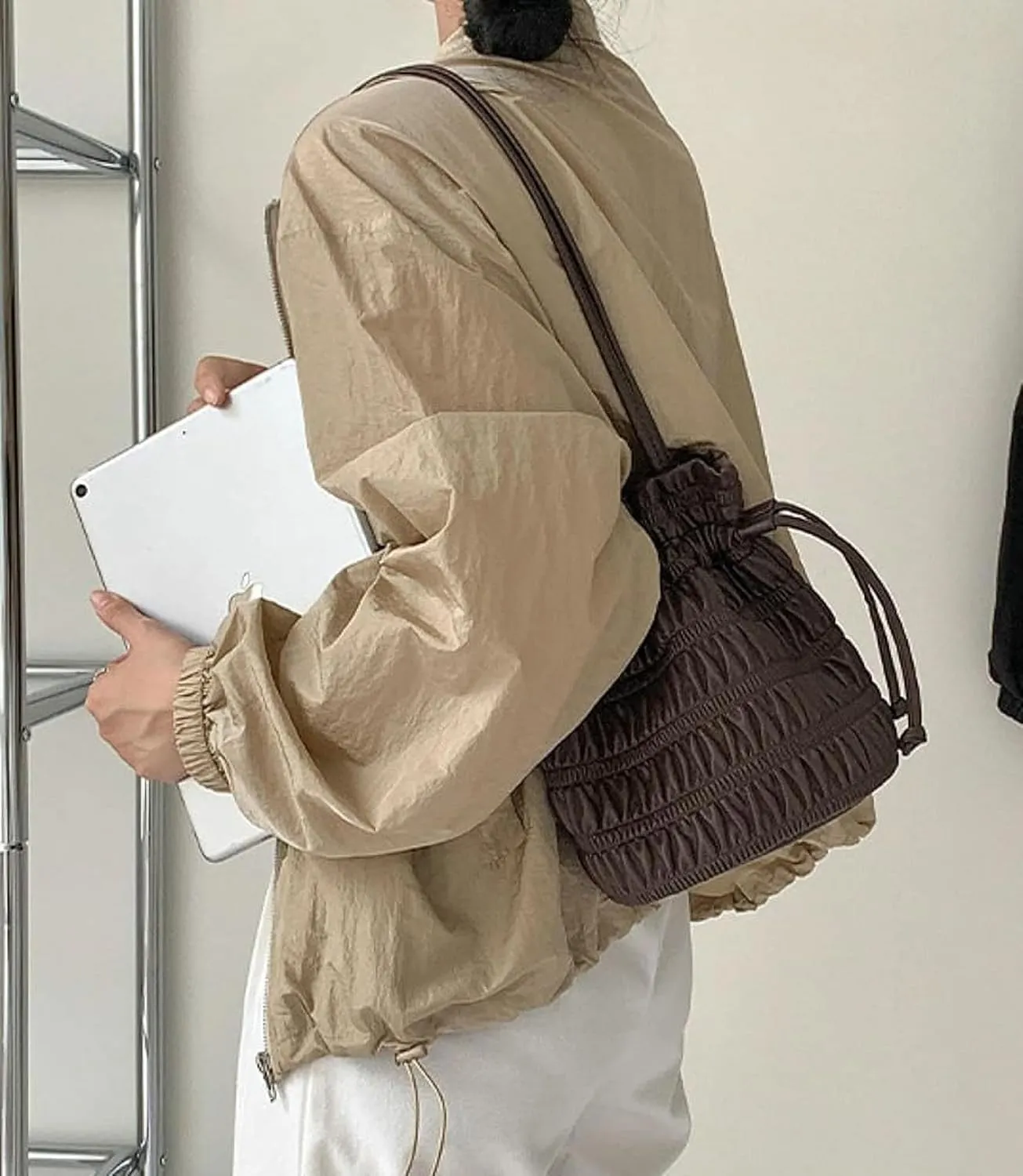 Women's Hobo Bag PU Leather Shoulder Bag Bucket Armpit Purse Pleated Handbag Totes Drawstring Top Handle Bag
