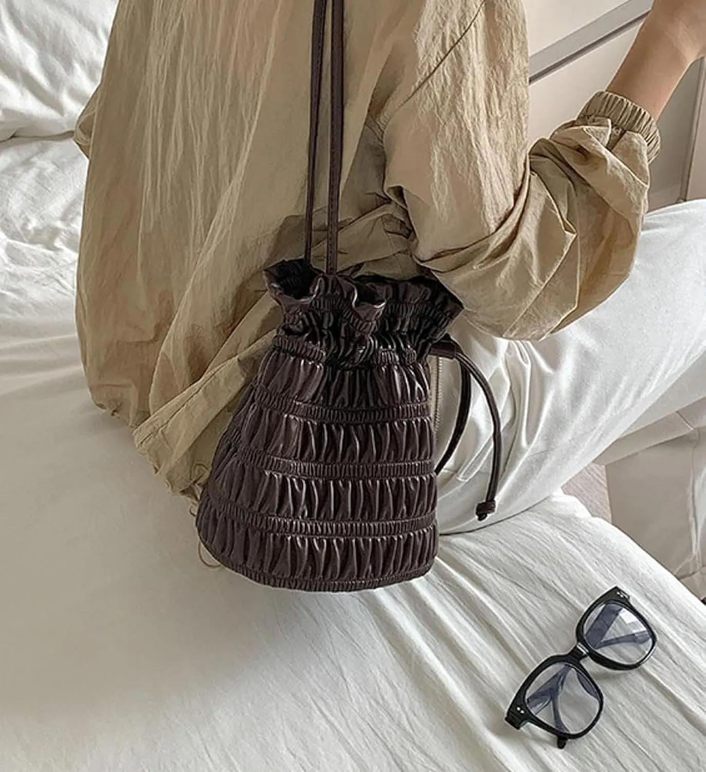 Women's Hobo Bag PU Leather Shoulder Bag Bucket Armpit Purse Pleated Handbag Totes Drawstring Top Handle Bag