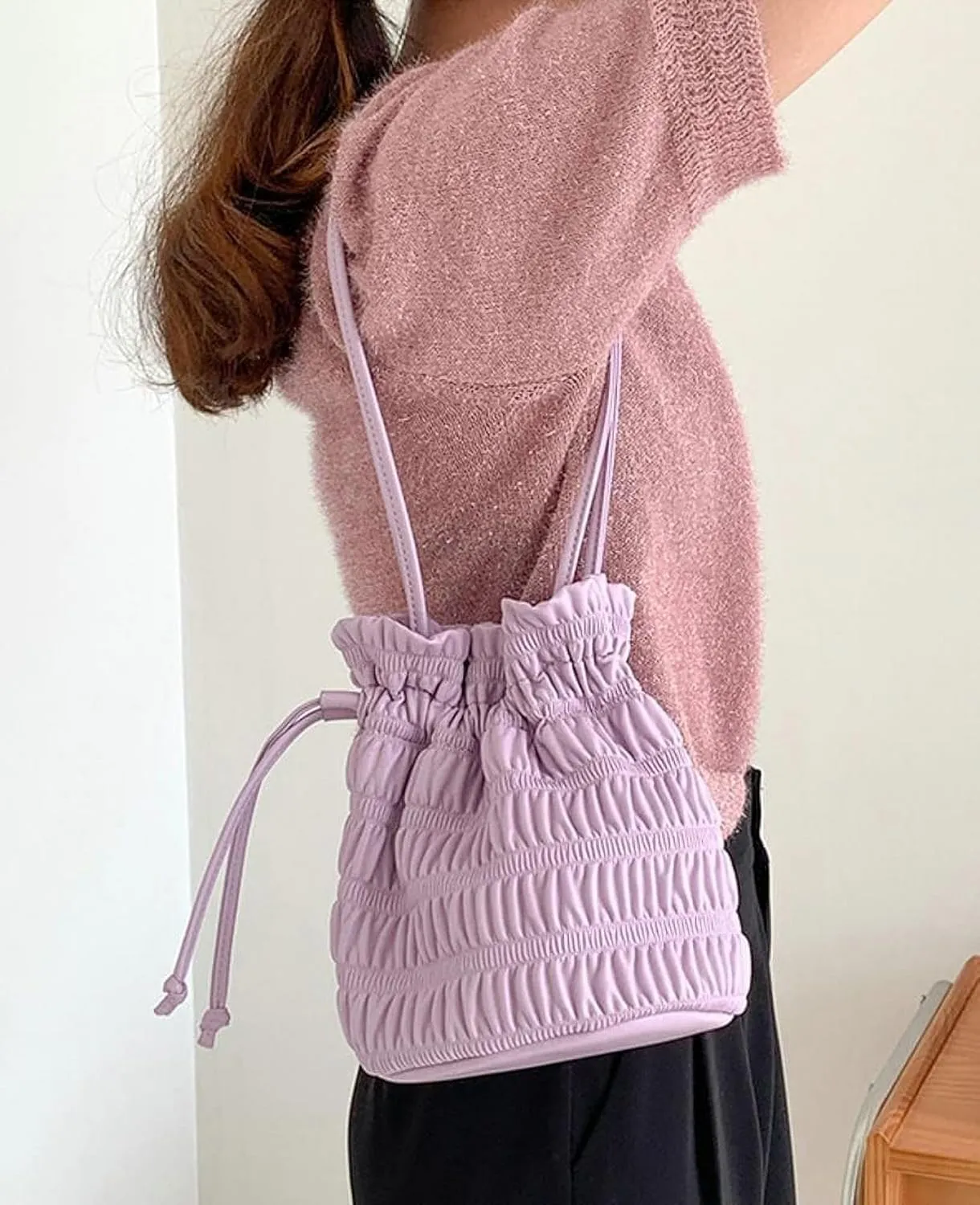 Women's Hobo Bag PU Leather Shoulder Bag Bucket Armpit Purse Pleated Handbag Totes Drawstring Top Handle Bag