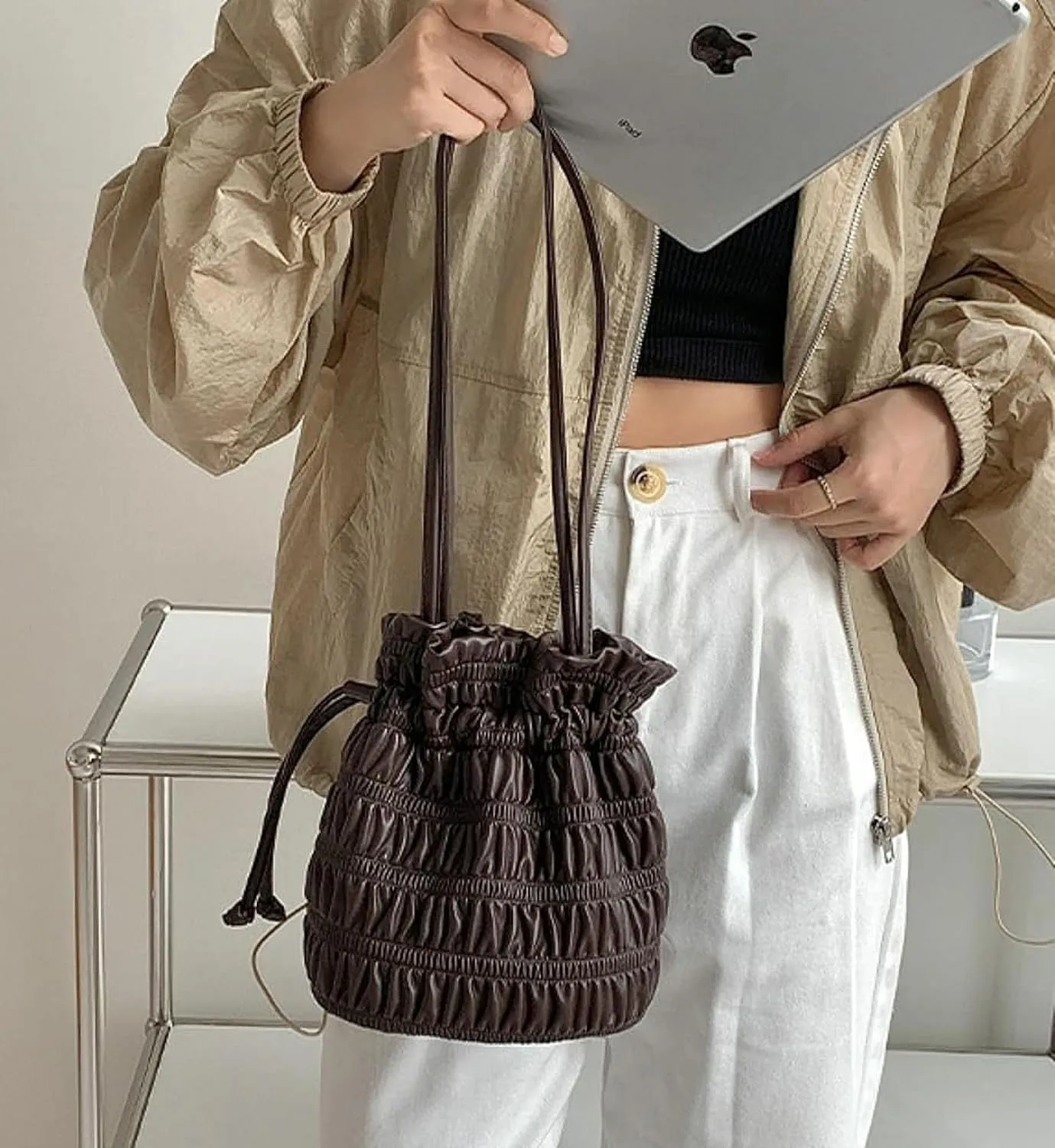Women's Hobo Bag PU Leather Shoulder Bag Bucket Armpit Purse Pleated Handbag Totes Drawstring Top Handle Bag