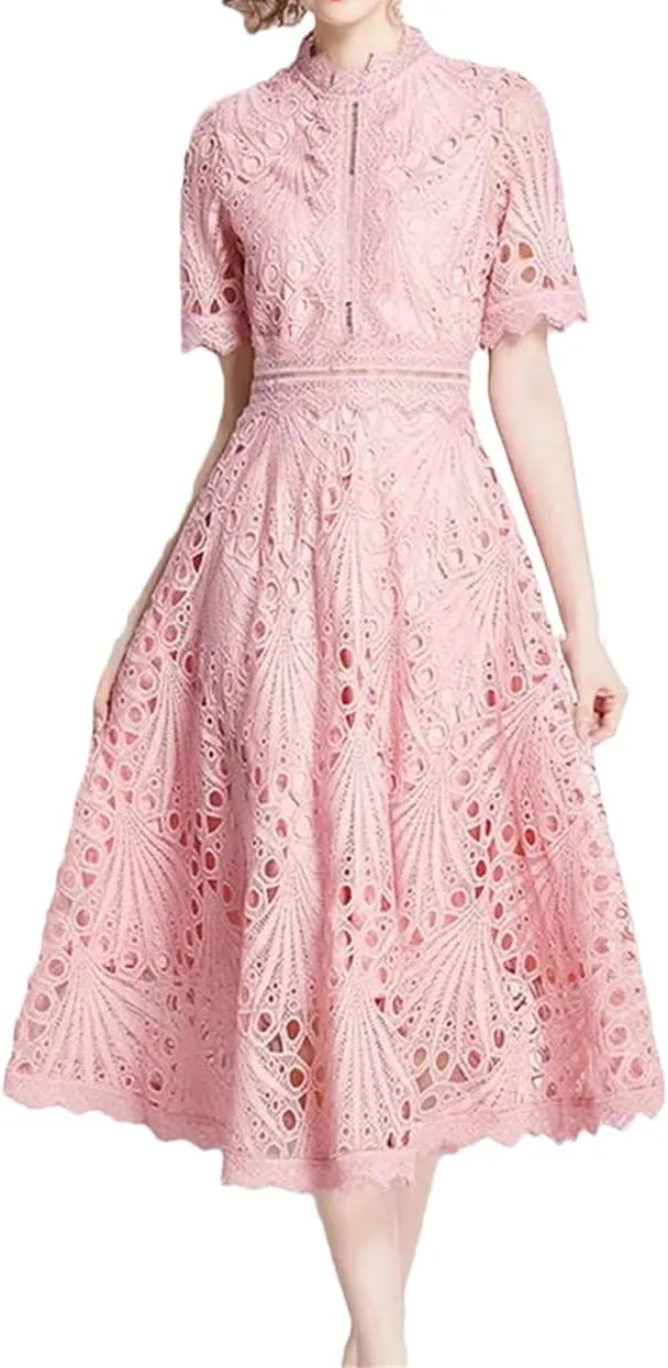 Women's Lace Hollow Mini Dress Solid Embroidery Short Sleeve Midi Dress