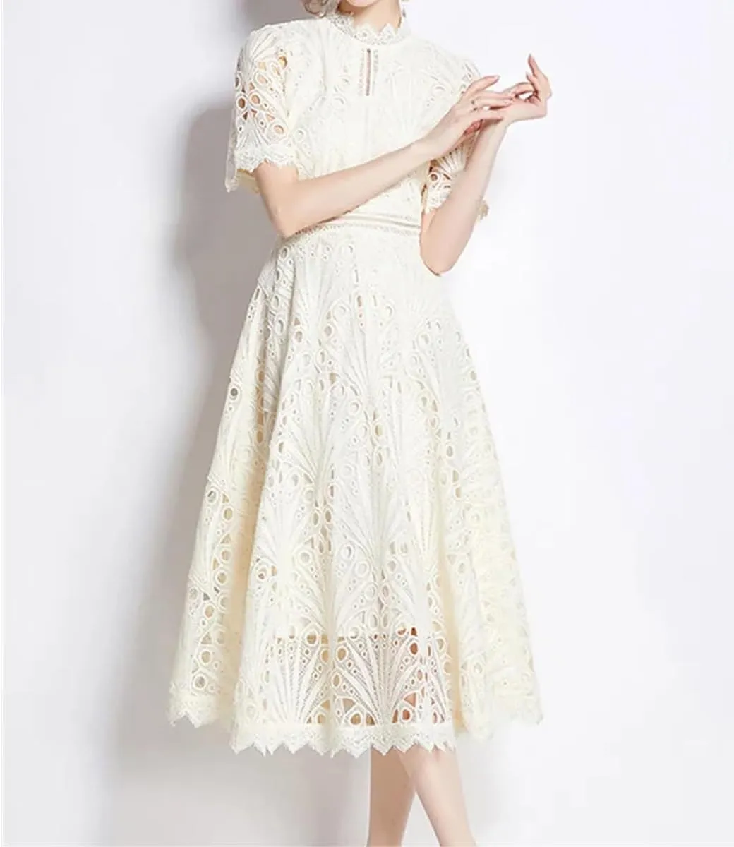 Women's Lace Hollow Mini Dress Solid Embroidery Short Sleeve Midi Dress