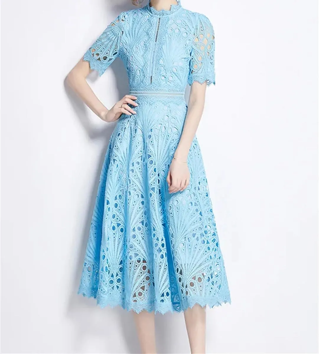 Women's Lace Hollow Mini Dress Solid Embroidery Short Sleeve Midi Dress