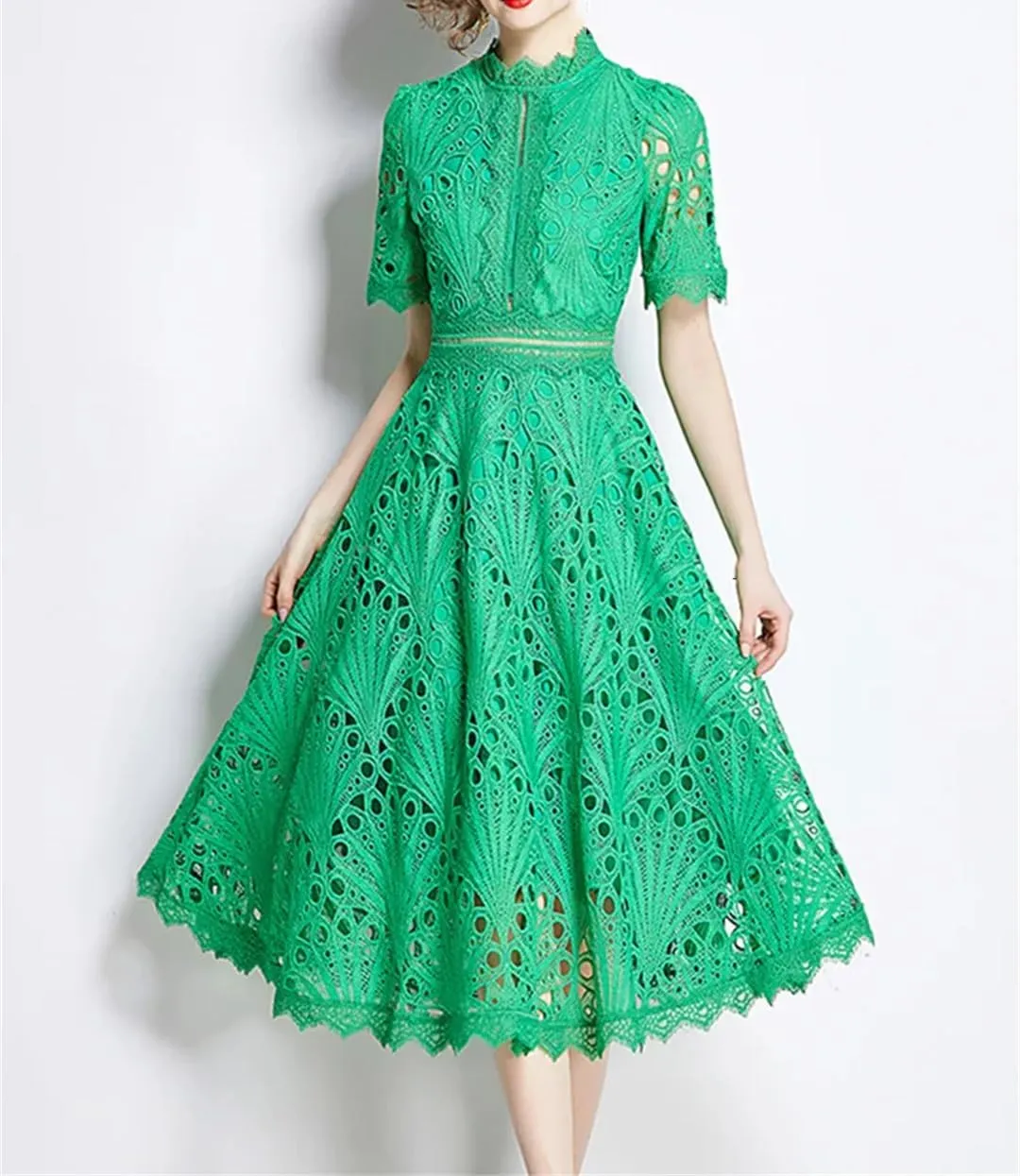 Women's Lace Hollow Mini Dress Solid Embroidery Short Sleeve Midi Dress