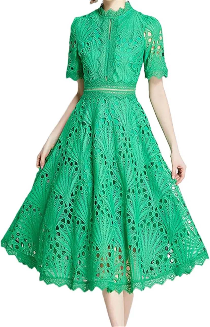 Women's Lace Hollow Mini Dress Solid Embroidery Short Sleeve Midi Dress
